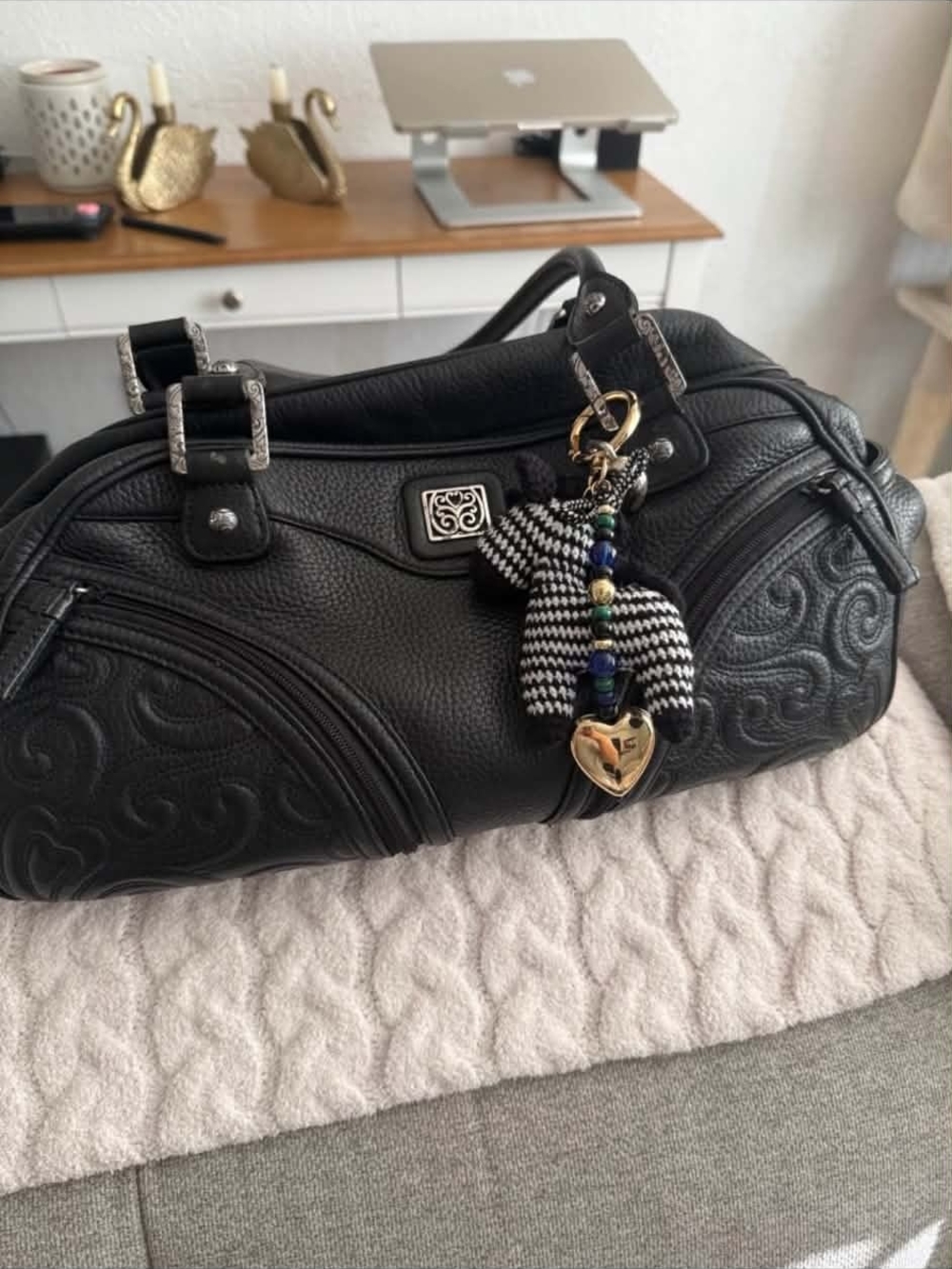 Brighton Black Embossed Leather Shoulder Bag with Heart Charm